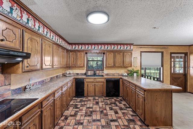 kitchen featuring extractor fan, sink, black appliances, ornamental molding, and a textured ceiling