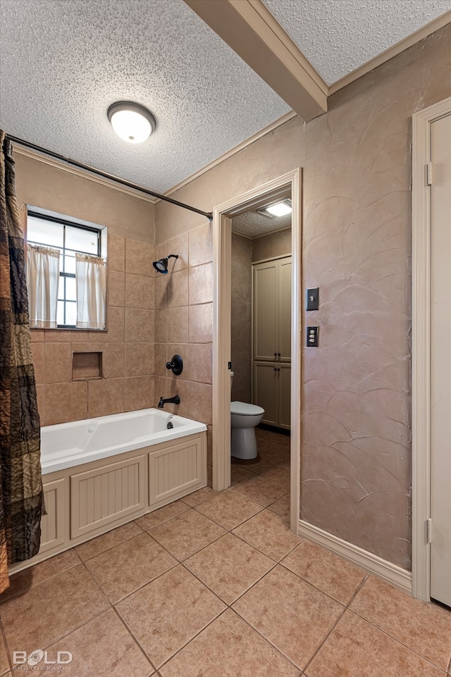 bathroom featuring shower / tub combo with curtain, toilet, a textured ceiling, and tile patterned floors