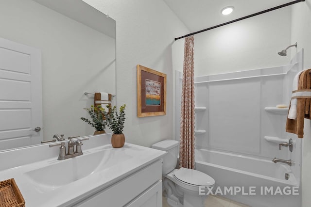 bathroom featuring toilet, shower / bath combination with curtain, and vanity