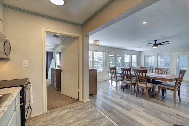 dining space featuring ceiling fan, a textured ceiling, and light wood-type flooring