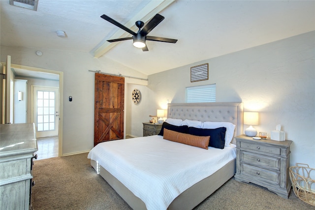 carpeted bedroom featuring vaulted ceiling with beams, a barn door, and ceiling fan