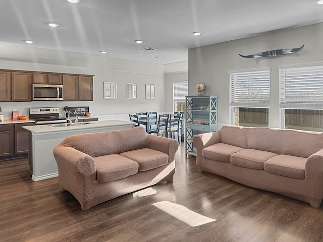 living room with dark hardwood / wood-style floors and sink