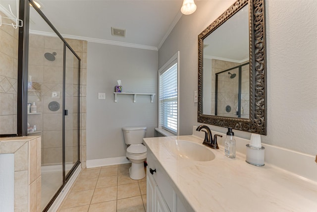 bathroom with toilet, vanity, tile patterned flooring, crown molding, and an enclosed shower