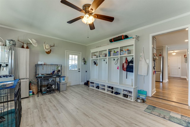 mudroom with ceiling fan, crown molding, and light hardwood / wood-style floors