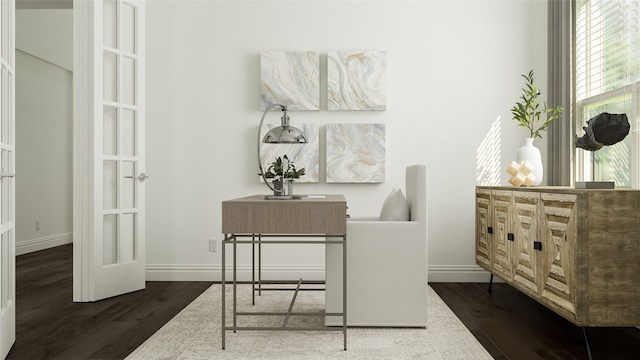 office area featuring dark hardwood / wood-style flooring and french doors