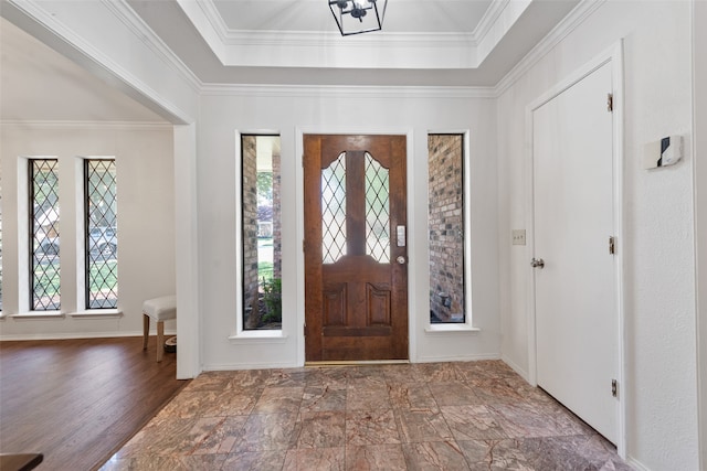 entrance foyer featuring a tray ceiling, hardwood / wood-style floors, and ornamental molding