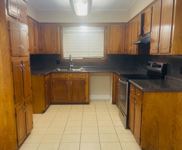 kitchen featuring sink, light tile patterned floors, backsplash, stainless steel electric range, and crown molding