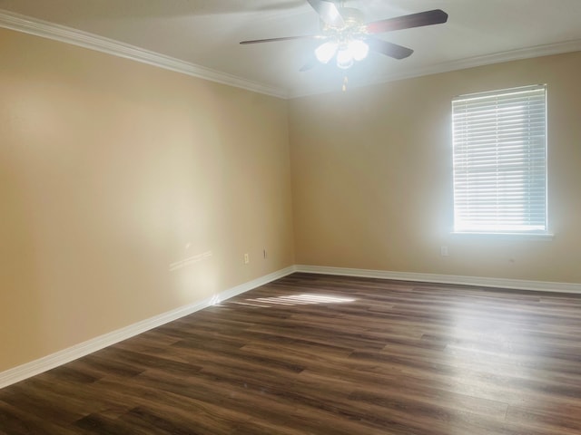 unfurnished room featuring dark hardwood / wood-style floors, crown molding, and ceiling fan