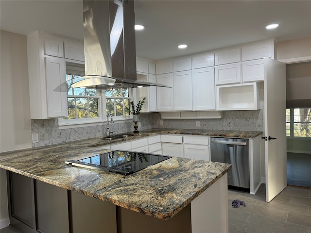 kitchen with dishwasher, island exhaust hood, white cabinetry, and kitchen peninsula