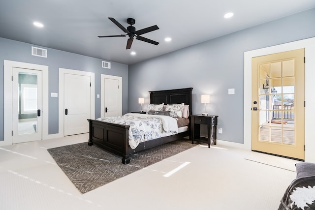 carpeted bedroom with access to exterior and ceiling fan