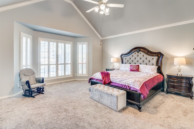 carpeted bedroom featuring ornamental molding, high vaulted ceiling, and ceiling fan