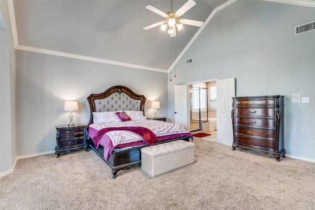 carpeted bedroom with ornamental molding, high vaulted ceiling, ceiling fan, and connected bathroom