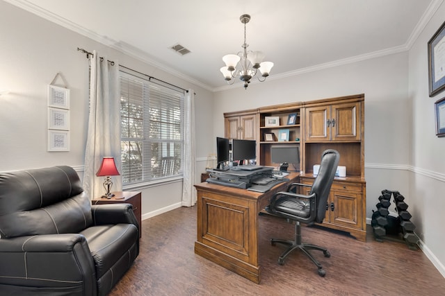 office with dark hardwood / wood-style flooring, ornamental molding, and a chandelier