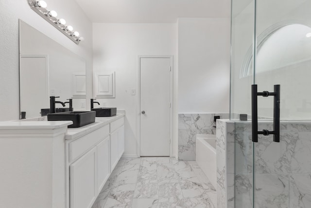 bathroom with plus walk in shower and vanity