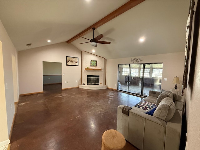 living room featuring ceiling fan, lofted ceiling with beams, and a fireplace