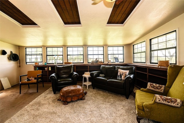 living area with carpet and ceiling fan