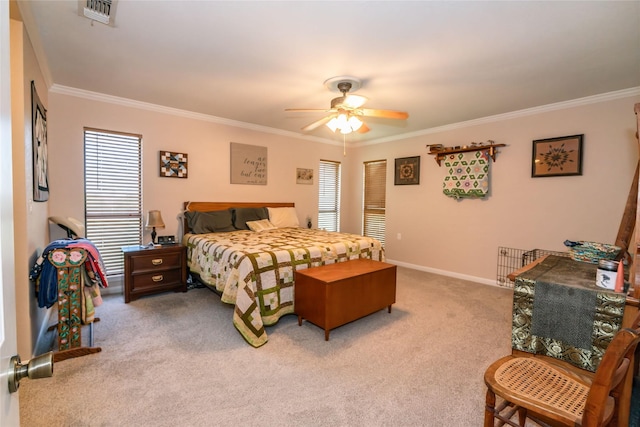 bedroom with light carpet, ceiling fan, and ornamental molding