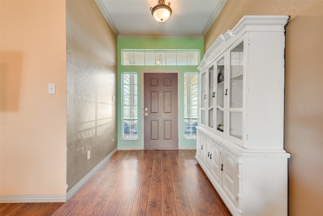 entryway featuring dark wood-type flooring and crown molding