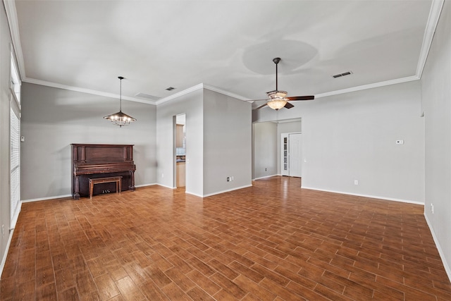 4721 Layla Rd, Arlington, TX 76016 - unfurnished living room featuring crown molding, baseboards, a ceiling fan, and wood finished floors