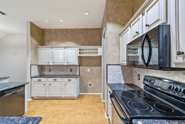 kitchen featuring white cabinetry, black appliances, and light wood-type flooring