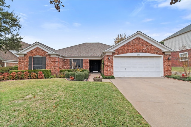 4721 Layla Rd, Arlington, TX 76016 - view of front of property with brick siding, concrete driveway, a garage, a front lawn, and roof with shingles
