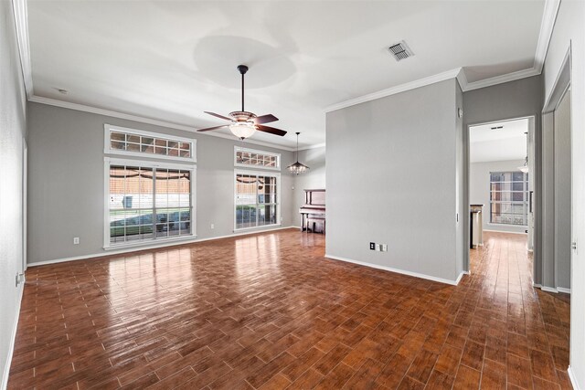 4721 Layla Rd, Arlington, TX 76016 - unfurnished living room featuring a ceiling fan, baseboards, ornamental molding, dark wood-style floors, and a chandelier