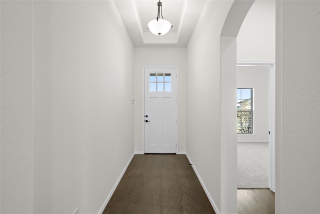 doorway with dark hardwood / wood-style floors