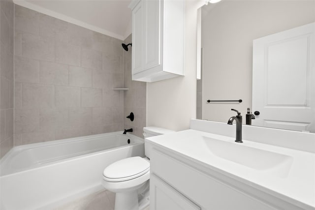 full bathroom with vanity, tiled shower / bath, tile patterned flooring, and toilet