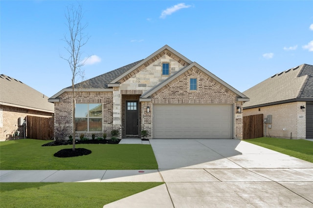 craftsman house featuring a garage and a front lawn