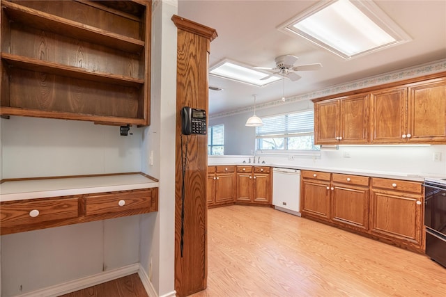 kitchen featuring dishwasher, pendant lighting, ceiling fan, and light wood-type flooring