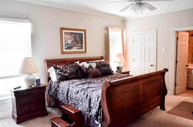 carpeted bedroom with multiple windows, ceiling fan, and crown molding