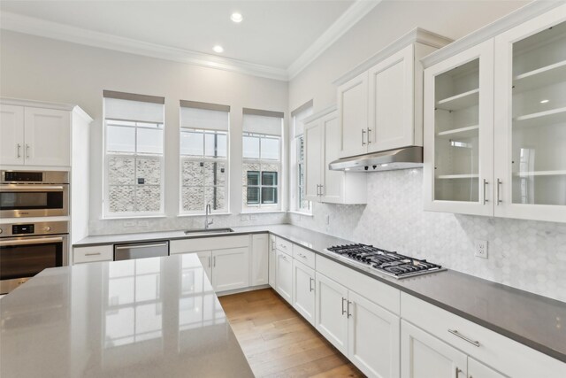 kitchen featuring crown molding, sink, white cabinets, a center island, and stainless steel appliances