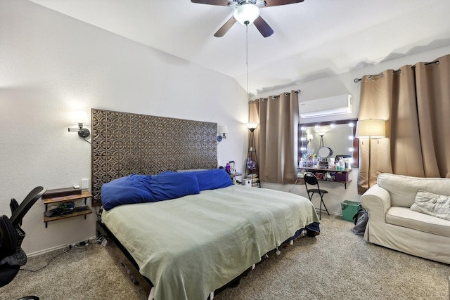 bedroom featuring carpet floors, ceiling fan, and a wall mounted air conditioner