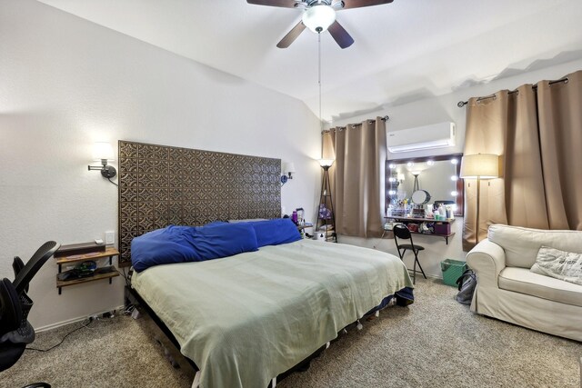 bedroom featuring carpet floors, ceiling fan, and a wall mounted air conditioner