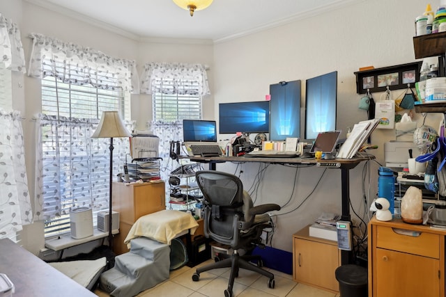 tiled office space featuring ornamental molding