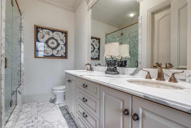 bathroom with a shower with shower door, vanity, toilet, and crown molding