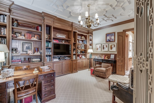 carpeted office with coffered ceiling, a chandelier, and ornamental molding