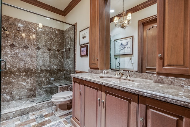 bathroom featuring ornamental molding, vanity, an enclosed shower, an inviting chandelier, and toilet