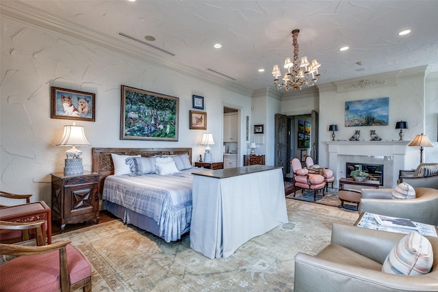 bedroom with a chandelier and crown molding