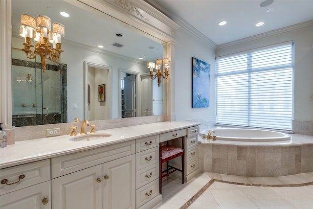 bathroom with separate shower and tub, vanity, tile patterned flooring, and crown molding