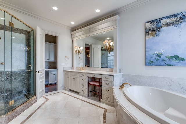 bathroom with independent shower and bath, tile patterned flooring, vanity, and crown molding