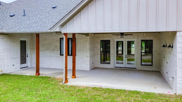 back of property featuring ceiling fan, french doors, and a patio area