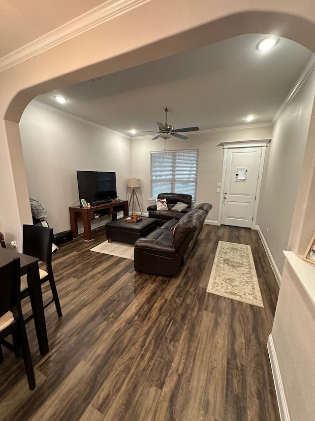 living room with dark wood-type flooring, ceiling fan, and crown molding