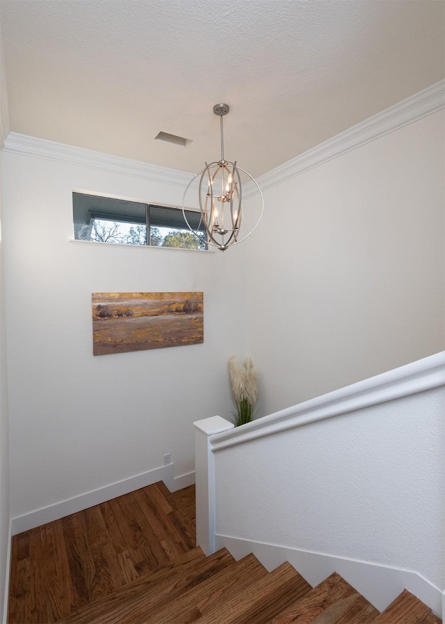 355 Lakecrest Dr, Pottsboro, TX 75076 - stairs featuring a chandelier, ornamental molding, and wood finished floors