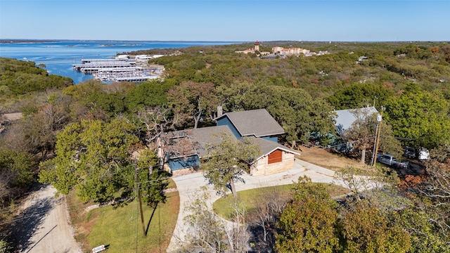 aerial view featuring a water view