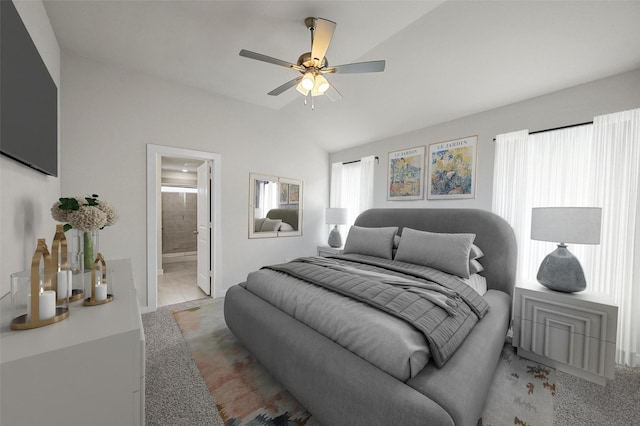 carpeted bedroom with vaulted ceiling, ceiling fan, and connected bathroom