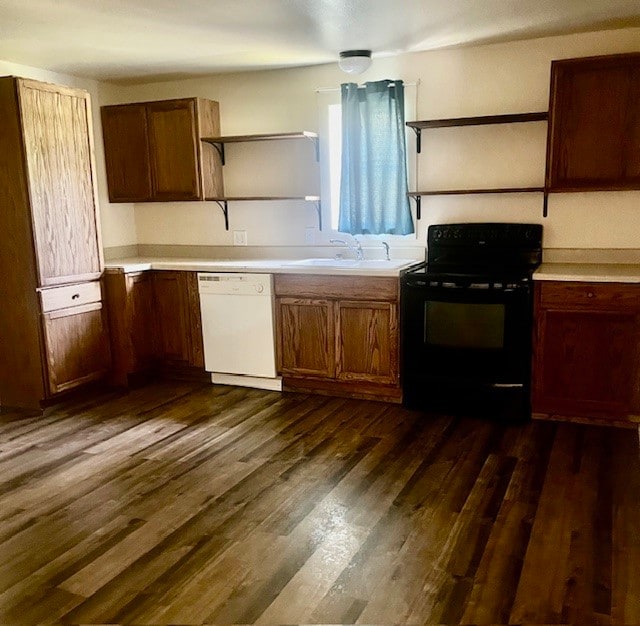 kitchen with dishwasher, black range with electric cooktop, dark wood-type flooring, and sink