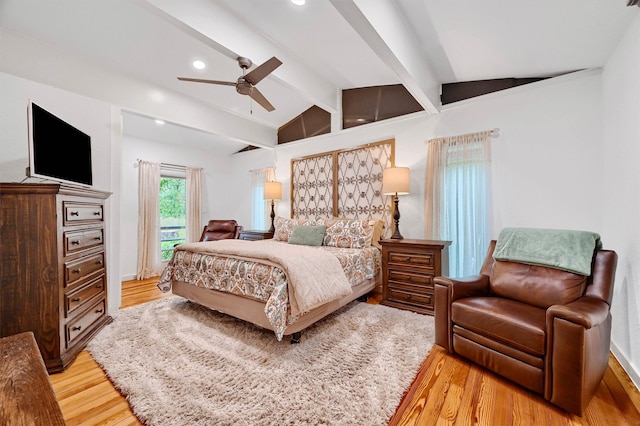 bedroom with lofted ceiling with beams, ceiling fan, light wood-type flooring, and recessed lighting