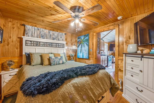 bedroom with light wood-type flooring, wooden walls, ceiling fan, and wooden ceiling