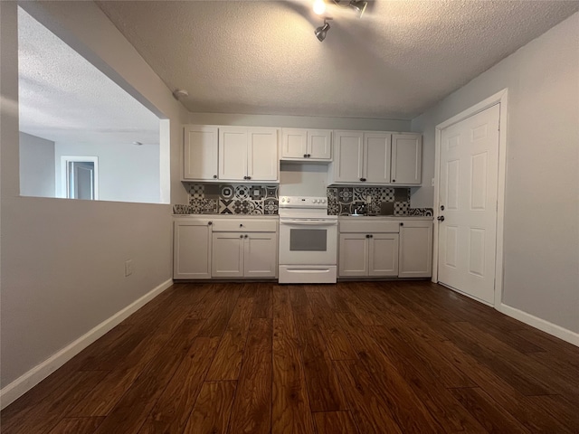 kitchen featuring a textured ceiling, white electric stove, dark hardwood / wood-style flooring, decorative backsplash, and white cabinets